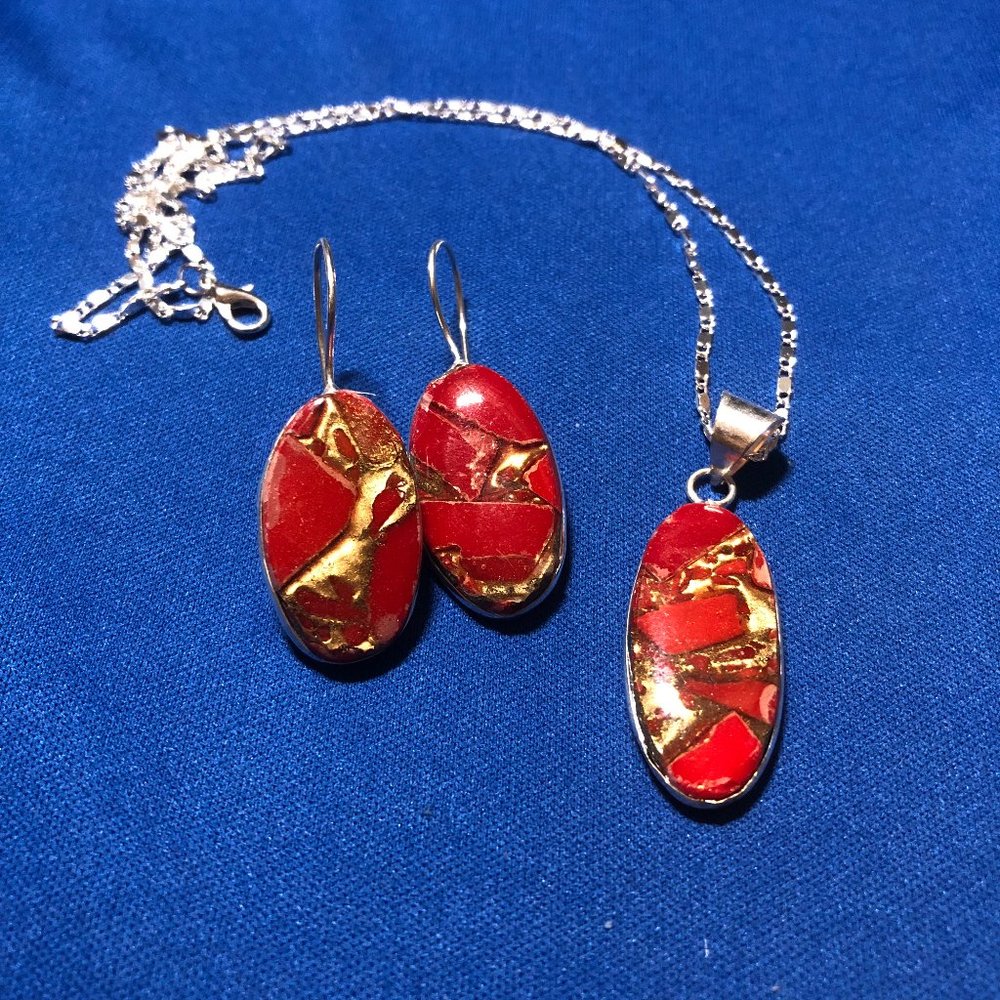Handmade Real Copper Red Coral Gemstone 925 Silver Plated Necklace.
